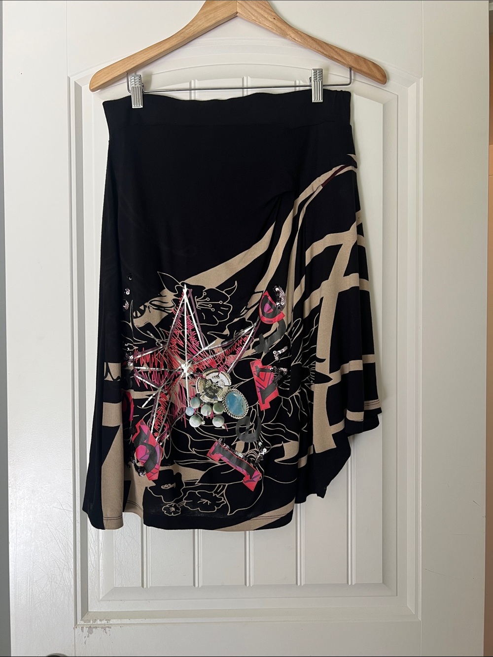 Desigual Black Asymmetric Skirt with Beige Stripes and Pink Star Graphic